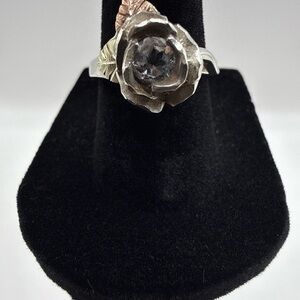 Sterling Silver & gold Floral Rose Ring with Clear Center Stone size 7